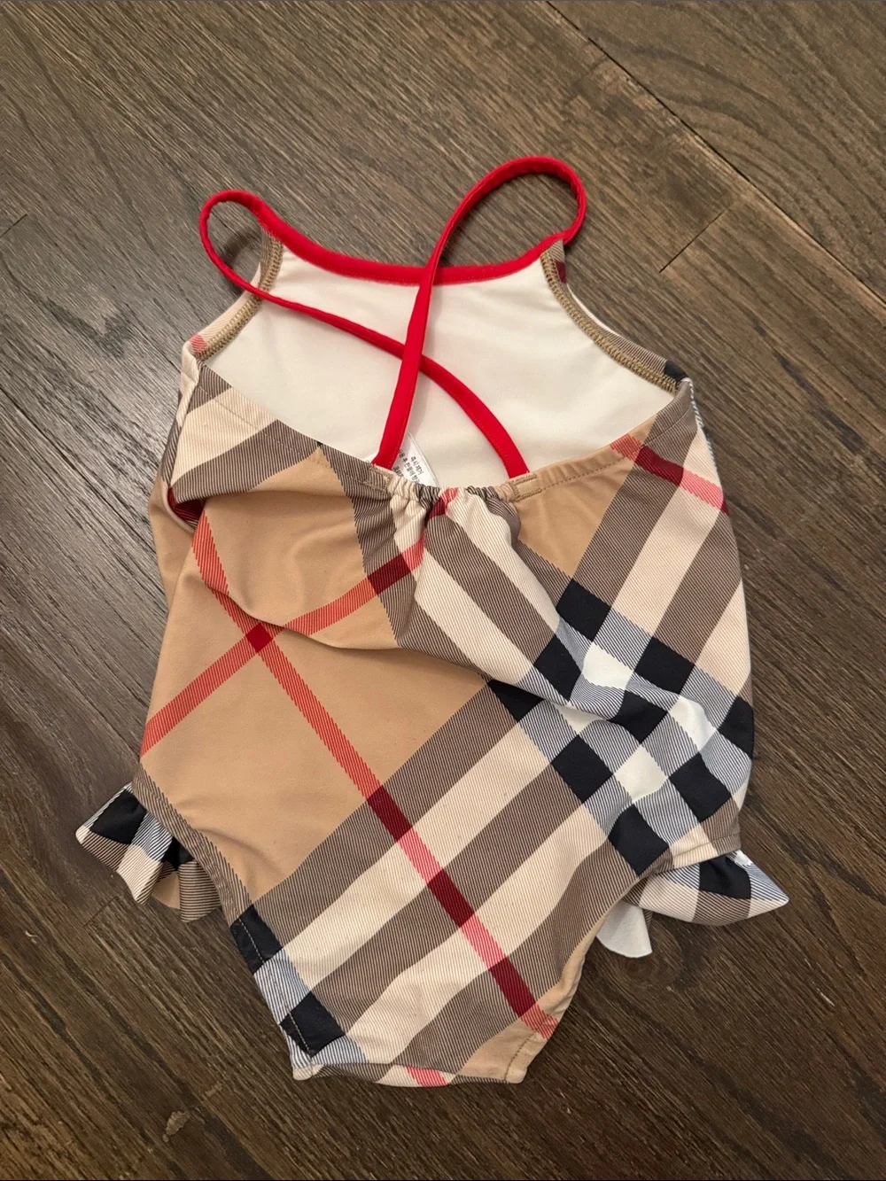 Burberry Tan Plaid Ruffle-Trim One-Piece Swimsuit with Red Trim